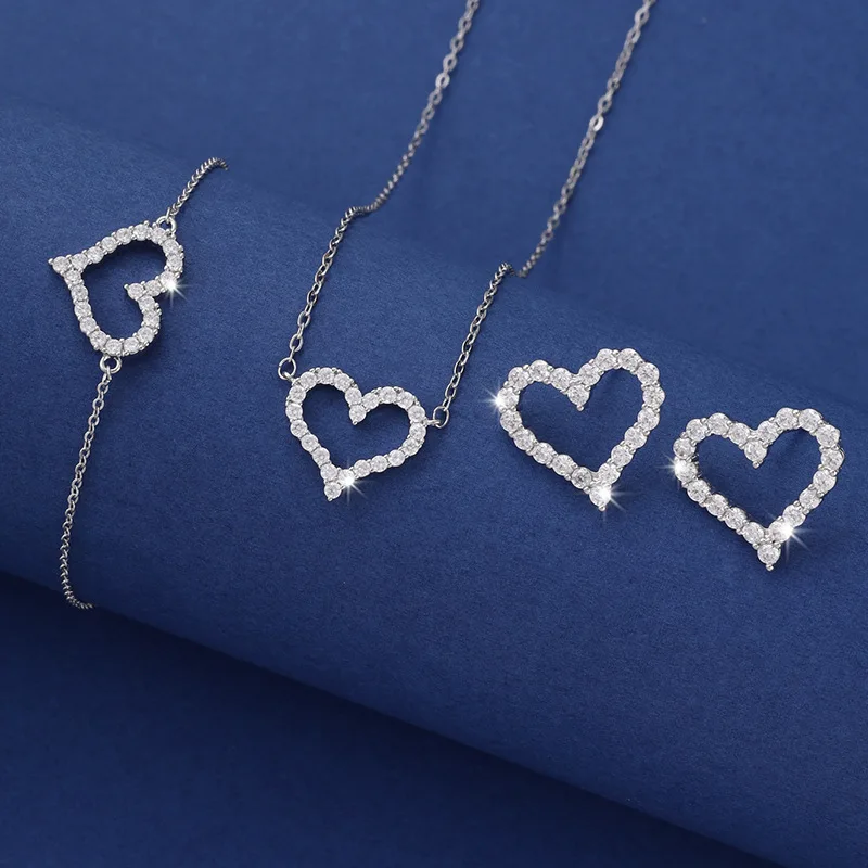 XL044-B-05351 Super Flash Hollow Peach Heart Bracelet Necklace Earrings Set of Four Pieces Fashion Versatile Love Jewelry Set