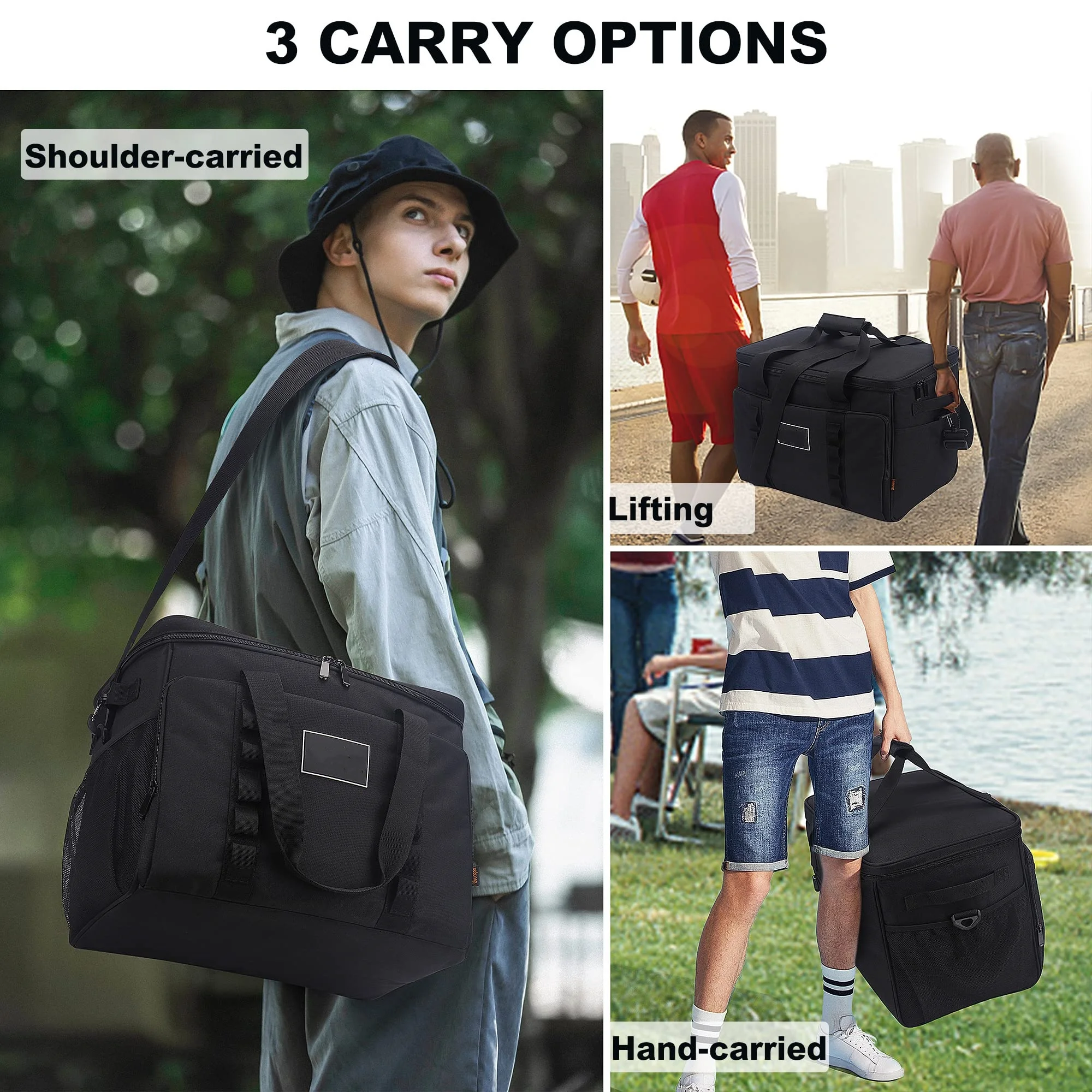 Custom Black Zipper Large Capacity Cooler Insulated Lunch Box Bag with Shoulder Strap For Women Men Adult