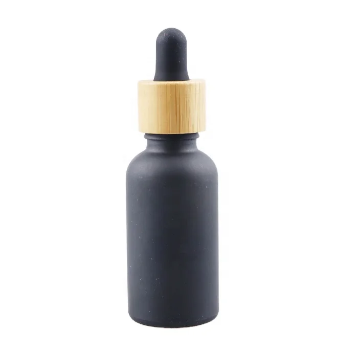 top selling 30ml 1oz  matte black glass dropper bottle essential oil bamboo cap with pipette