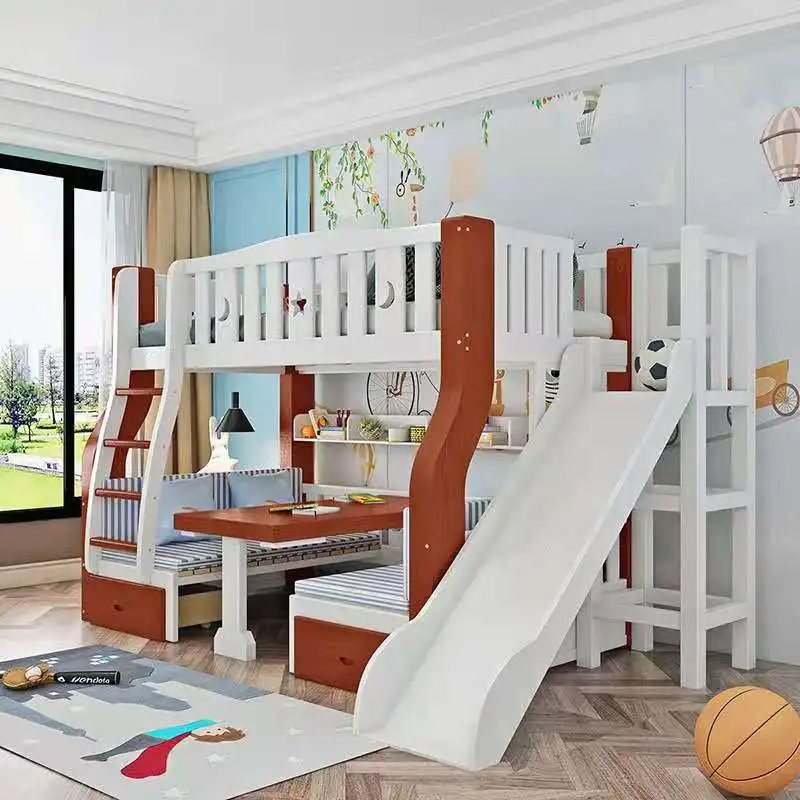 JNZ Home furniture solid wood frame children cartoon bunk bed with slide