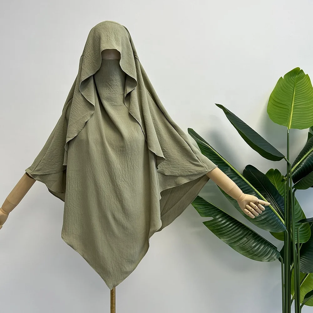 Khimar with Cape Jazz Crepe Niqab Strings Lightweight Breathable Women Muslim Dubai Dress Islamic Clothing Long Hijab Veil