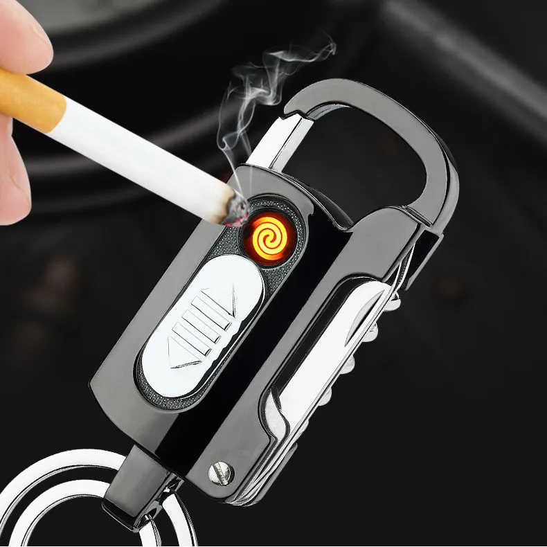 Multi-function Keychain Charging Lighter Belt Unsealing Knife Bottle Opening File Flashlight Pendant Lighter Metal Keychain