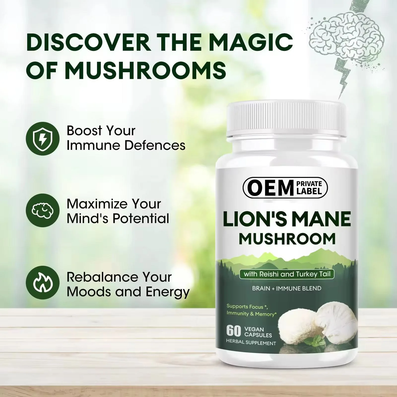 Herbal Supplements Lions Mane Mushroom with Reishi and Turkey Tail Support Focus Memory Immunity Mushroom Capsules