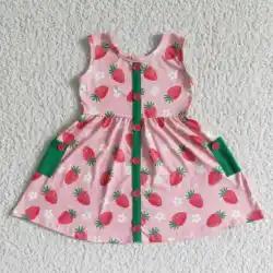 Girl short sleeveless pink strawberry button with pocket dress boutique wholesale