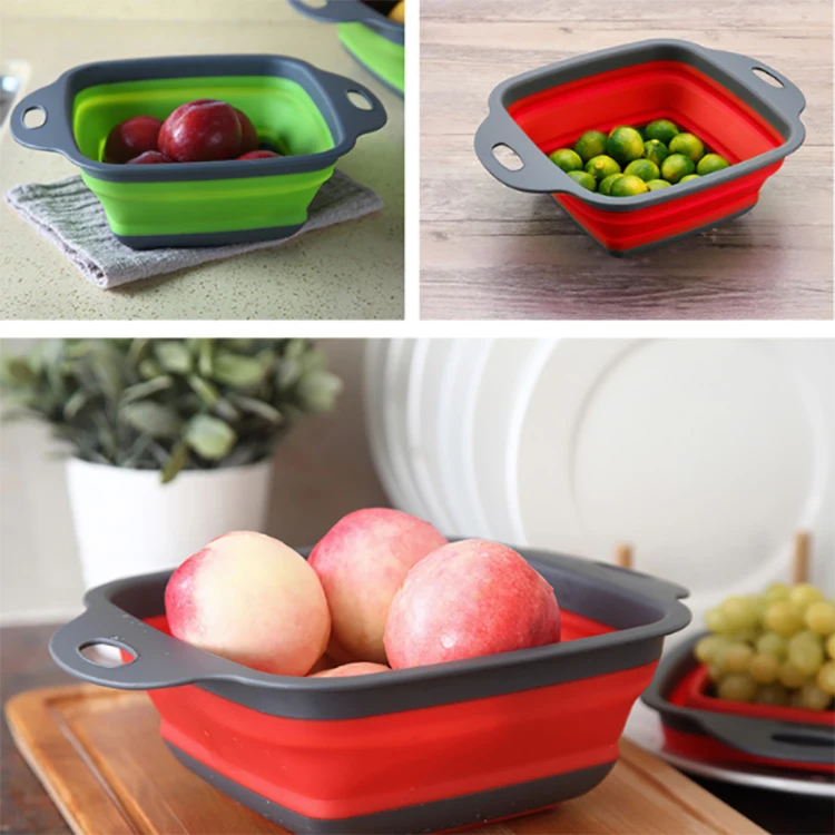 2pcs/Set Amazon Hot Sale Silicone Colapseable Strainer Pots Collapsible Colander Kitchen Foldable Draining Basket