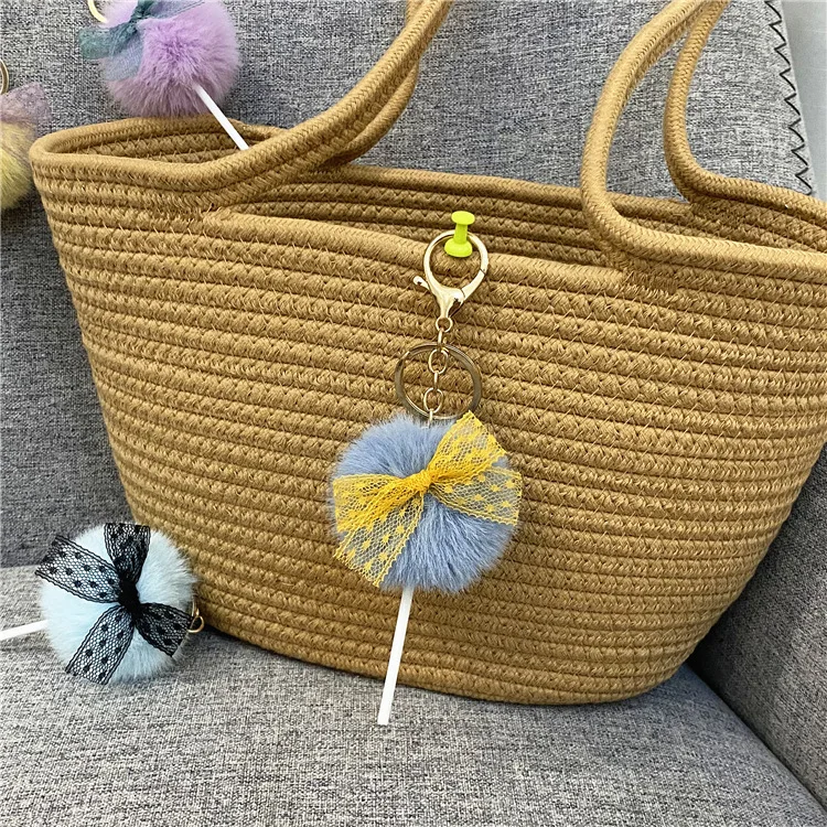 INS Popular Cute Lollipop Bow Pom Pom Ball Keychain Bag Ring