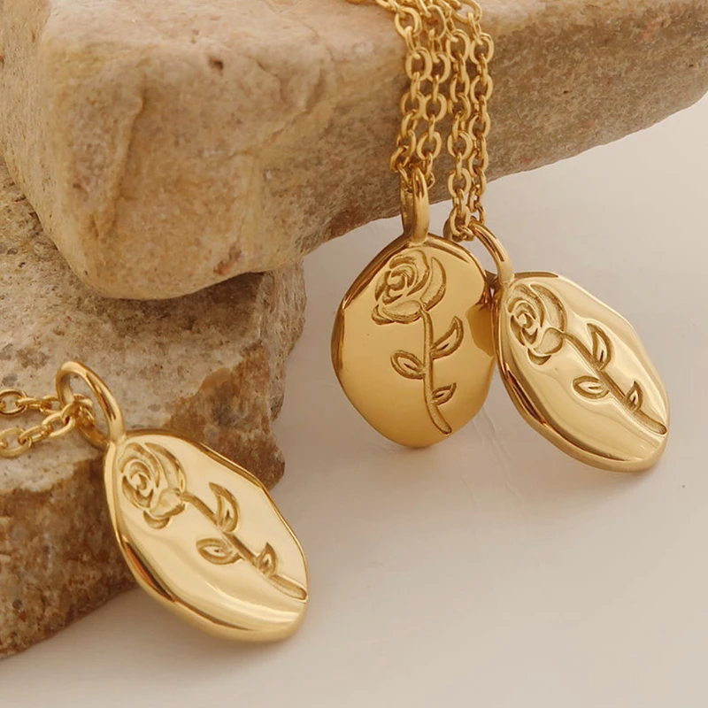 Irregular 18K Gold Plated Metal Birth Month Flora Rose Flower Floral Personalized Gift For Her Stainless Steel Pendant Necklace