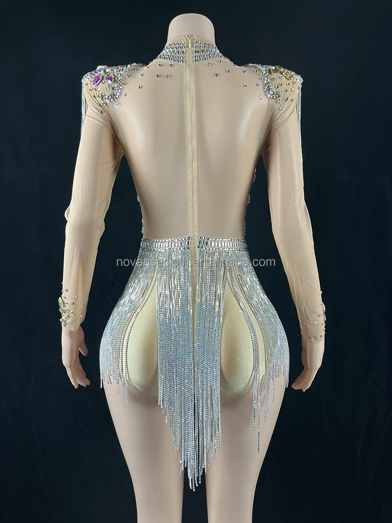 Manufacturer Womens Apparel Sexy See Through Tassel Rhinestone Bodysuits Dress Jewerled Bling Jumpsuit Traje Danza Del Vientre