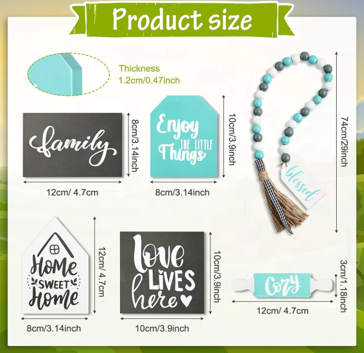 6pcs Bundle Home Items Signs Set Rustic Farmhouse Mini Rolling Pins Farmhouse and Beaded Garland Wood Tiered tray Decor