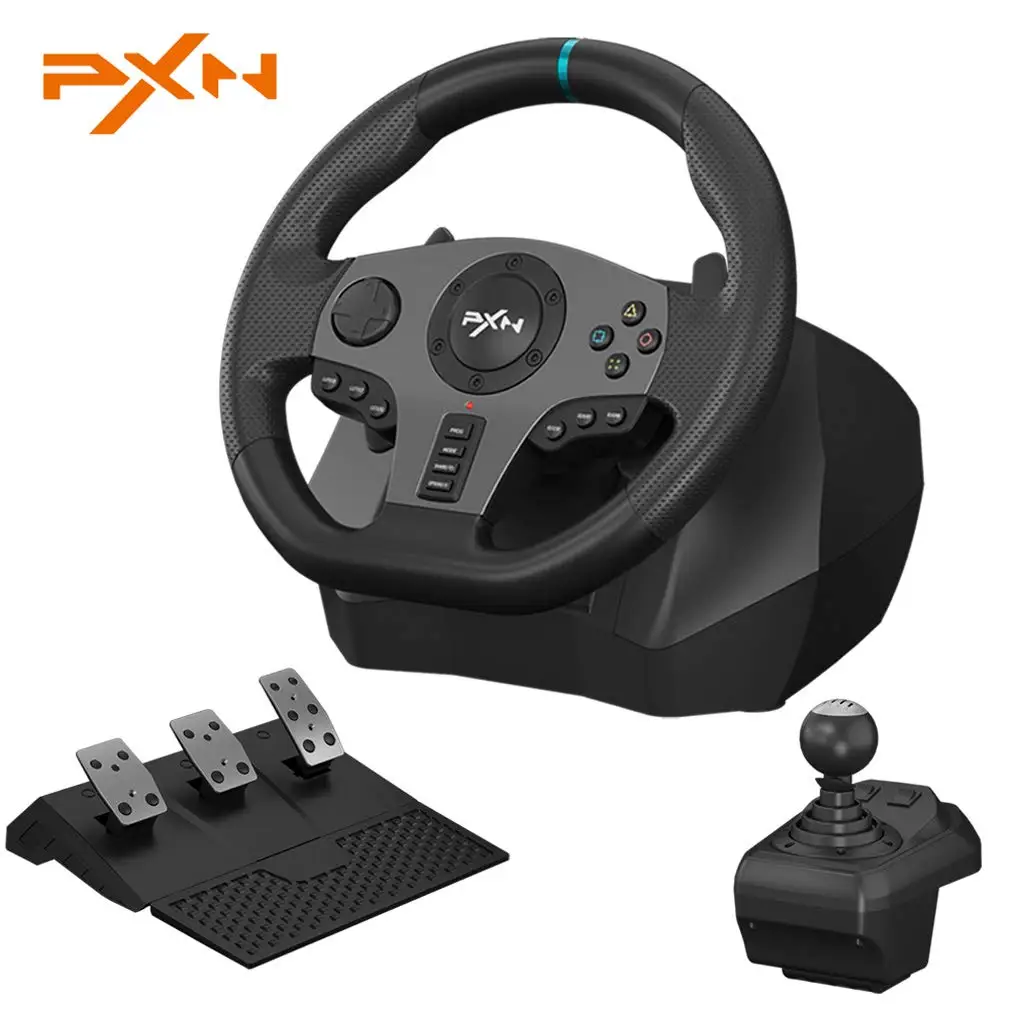 PXN V9 vibration car gaming steering wheel volante full set for xbox, pc, ps4, switch with 3-pedals shifter