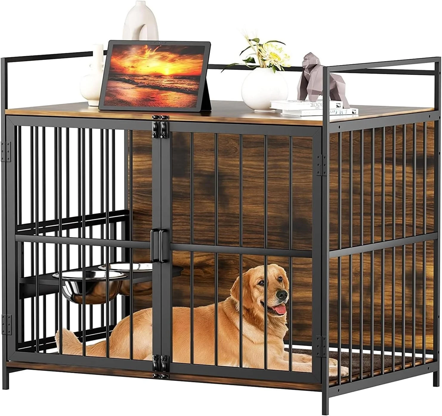 Furniture Style Large Dog Crate with 360 Adjustable Raised Feeder for Pets with 2 Stainless Steel Bowls Dog House with Dog Pad