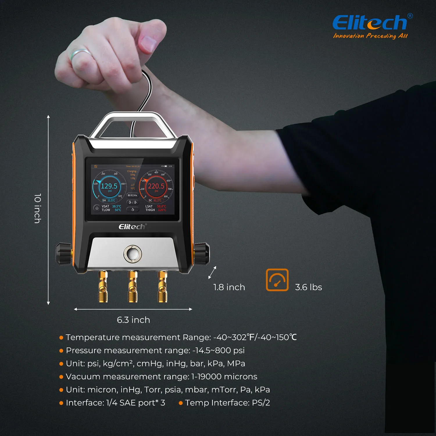 Elitech MS-2000 Smart Touch Screen Smart HVAC Digital Bluetooth Manifold Gauge 2 Valves