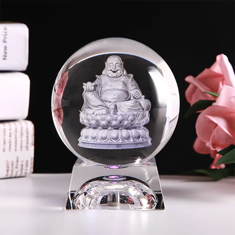 Custom Size 3d Laser Engraving Crystals Bodhisattva Decorating Christmas Clear Crystal Ball With Base