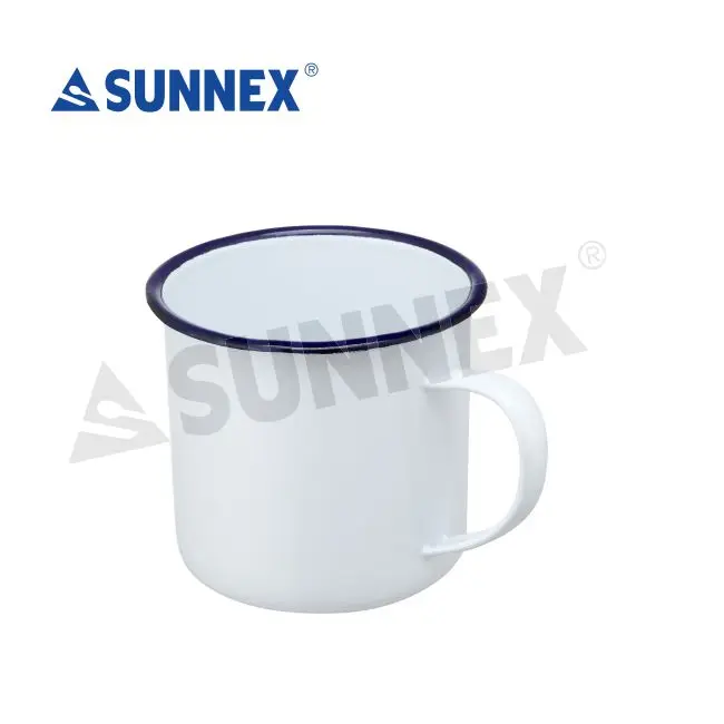 Sunnex Low MOQ Customized Coffee Cup Blue Rim 10oz White Enamel Plate Mug