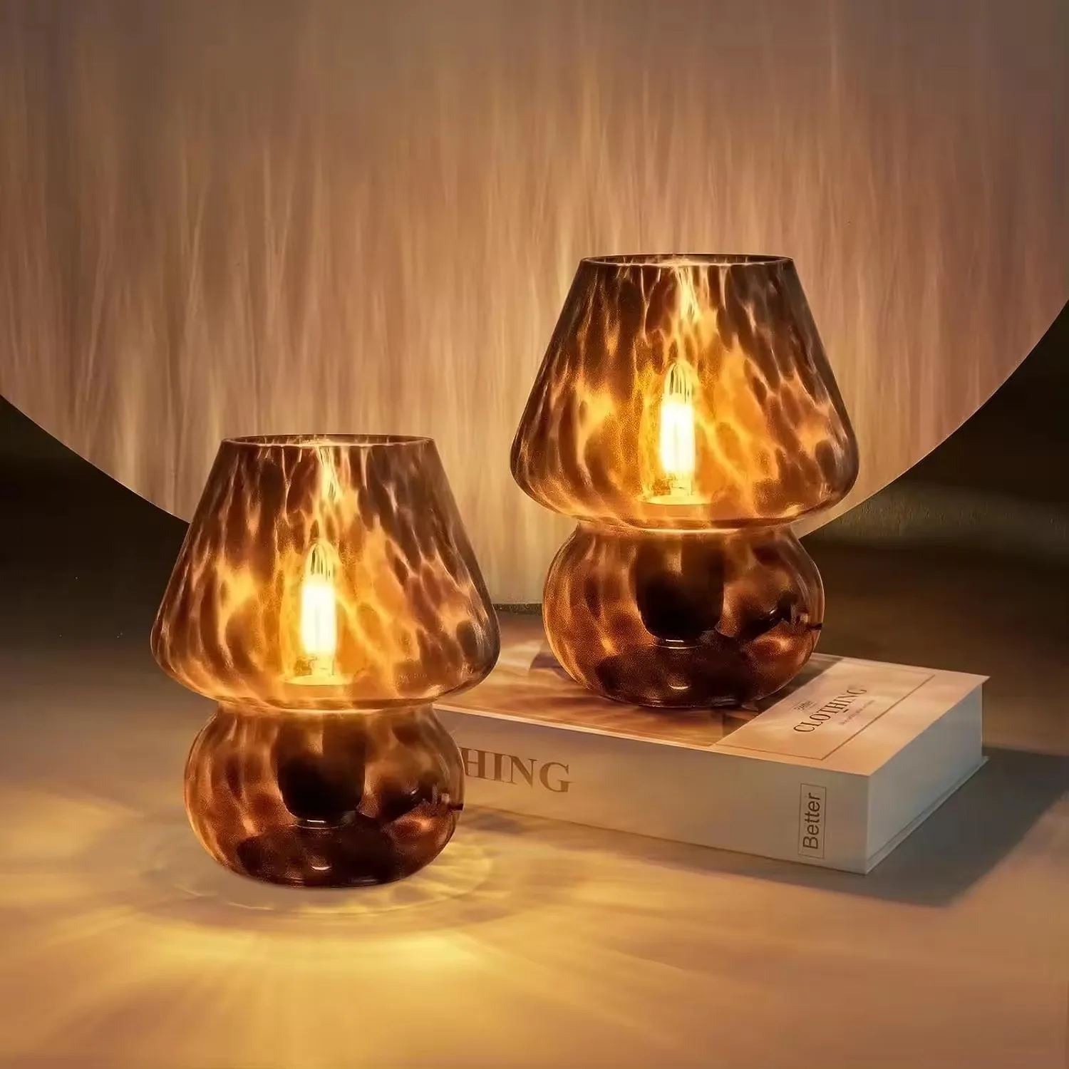Mushroom Lamp Glass Table Bedside Lamps Translucent Vintage Style Striped Small Night Mushroom Decor Light Ambient Bedroom Lamps