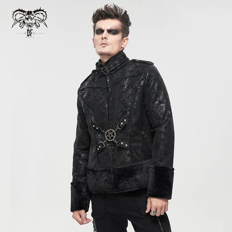 CT188 winter warm stand collar punk black men textured leather jacket with five point star
