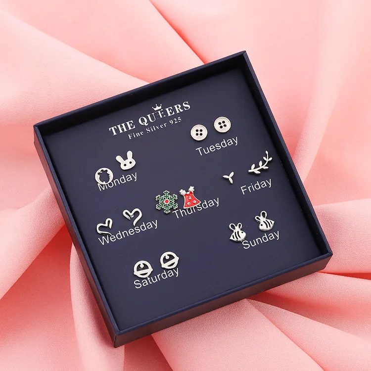 2023 New One Week Earring Set small cute animals earrings  For Women 7 Pairs Silver Heart Stud Earrings Daily Best Gift