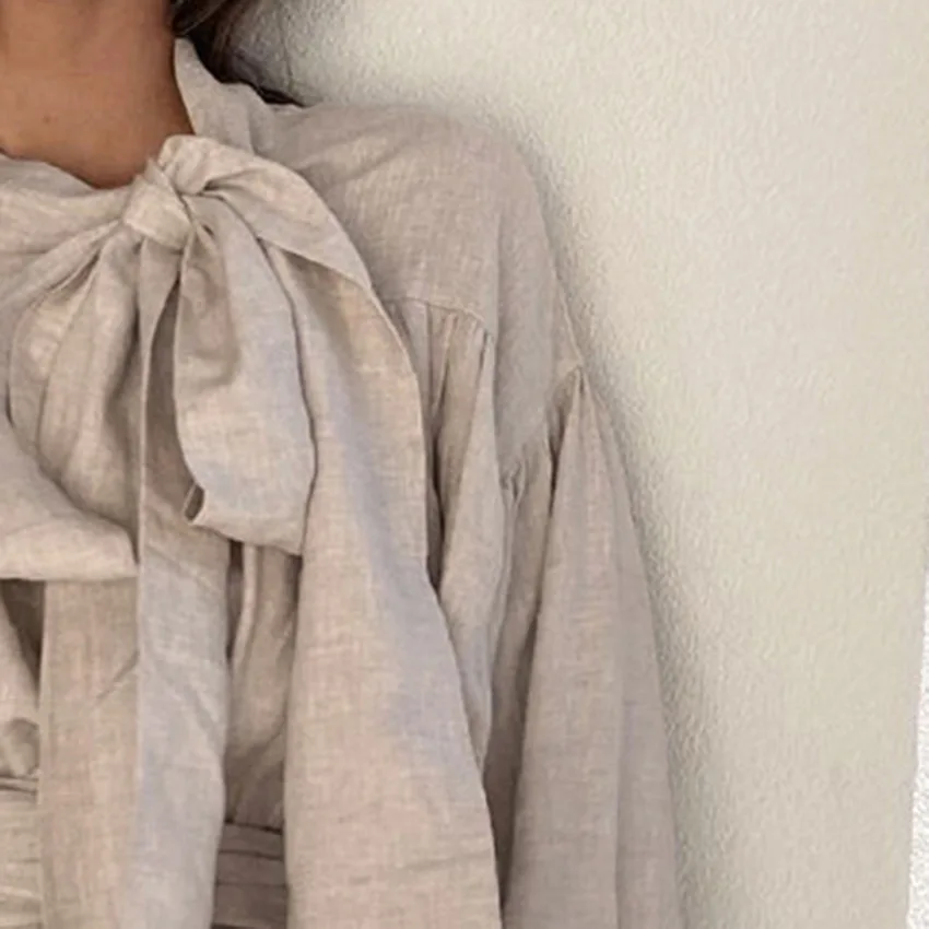 OEM Custom Women Long Strap Collar Long Puff Sleeve Wrap Blouse with Sash Ruffles Linen Cotton Tops for Office Lady