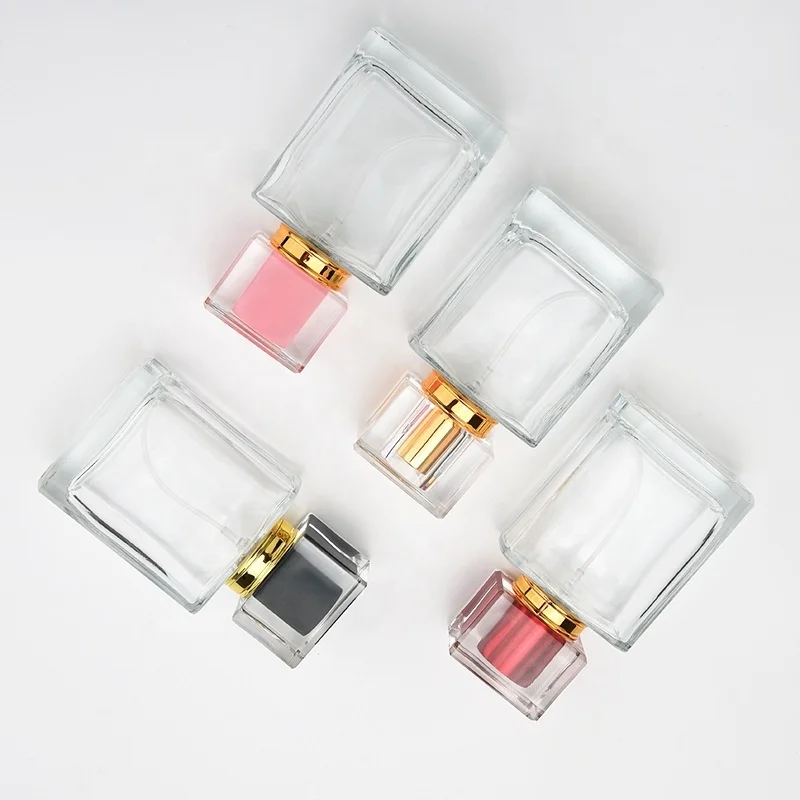 
wholesale price square transparent 30ml 50ml glass perfume spray bottle with colorful lids 