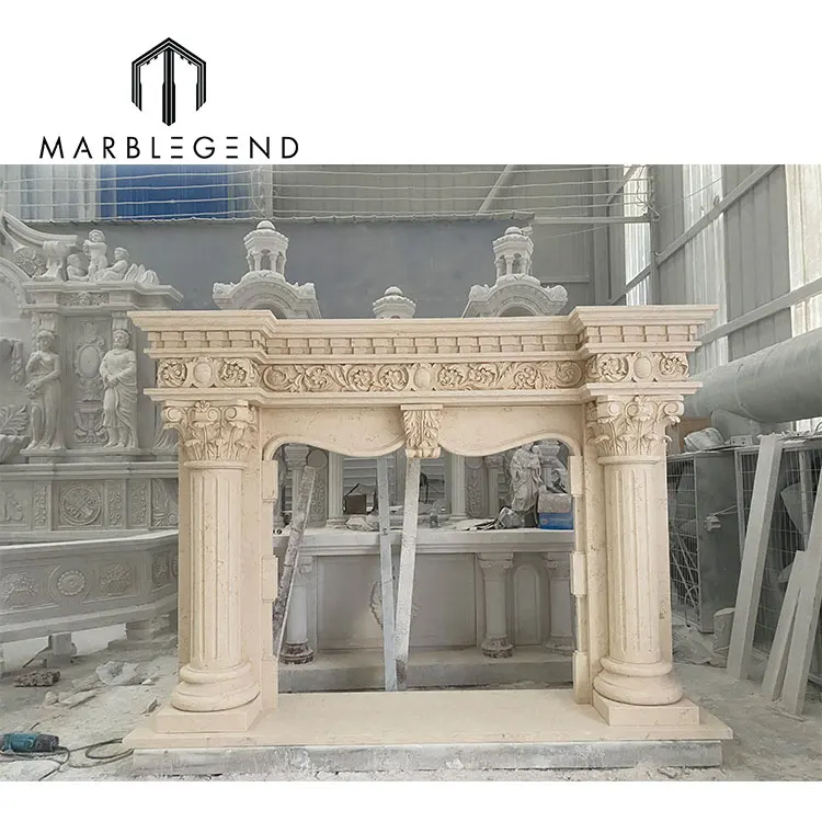 provide villa decoration service nature stone and hand carved fireplace frame freestanding Egypt beige marble fireplaces