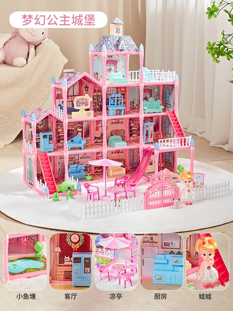 Amazon Hot Sale Princess 4 Layer Villa Pretend Play  Set Imaginative Dollhouse Furniture for Girls