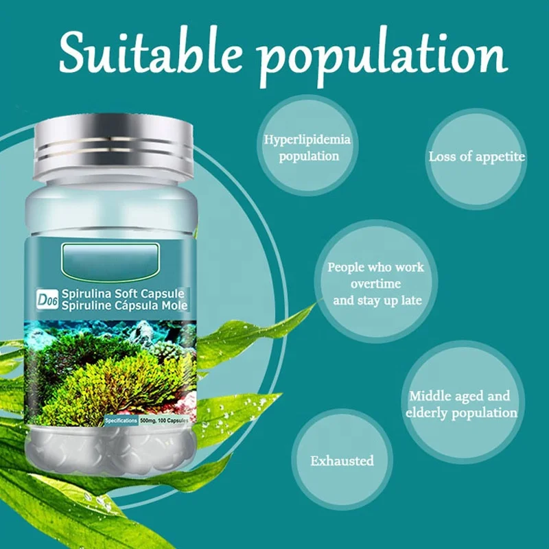 Own brand 500mg natural food spirulina soft capsules improve immunity improve sleep regulate blood lipids spirulina soft capsule