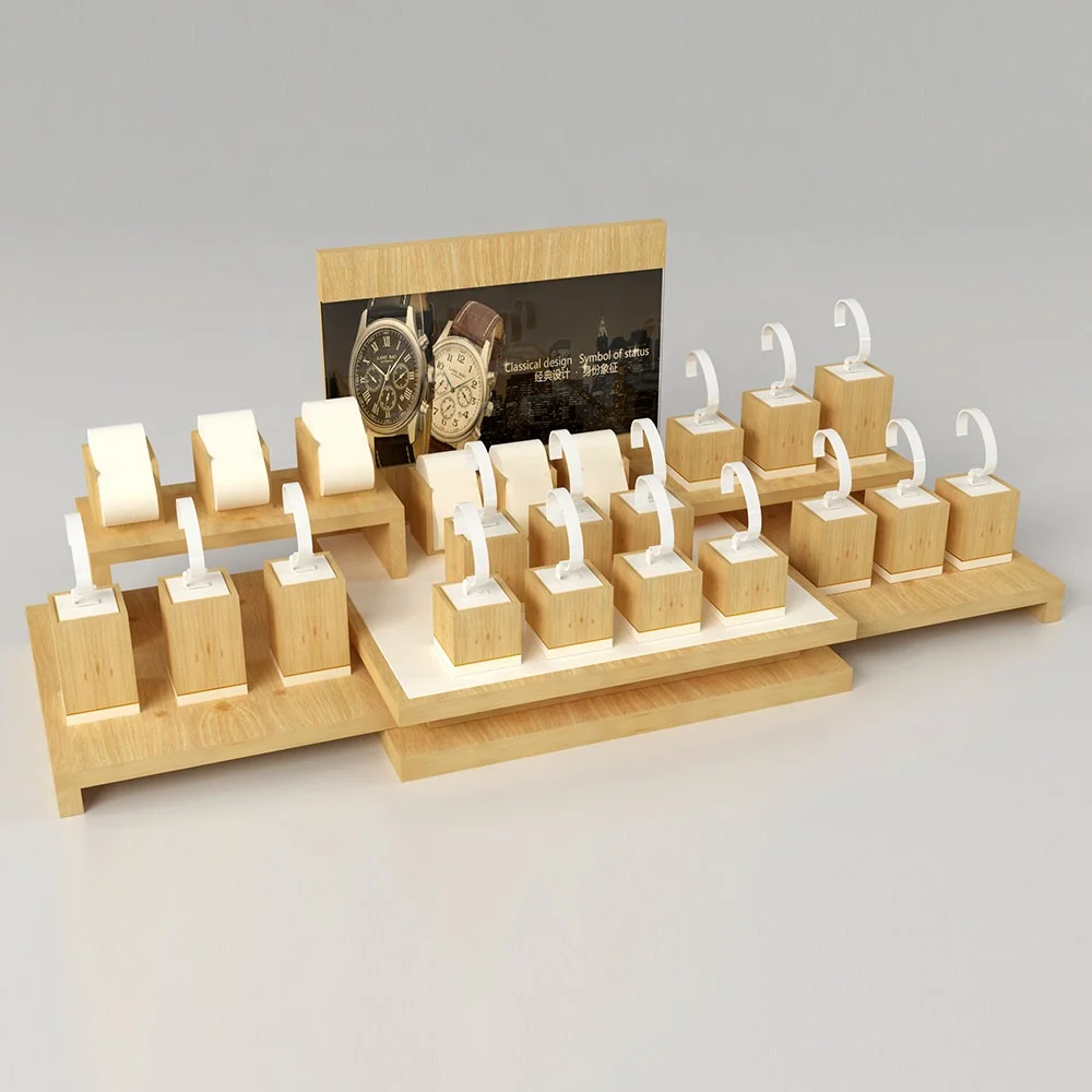 Custom Unique Watch Stand Display Elegant  Watch Organizer Acrylic C- ring Wood Tray set Exhibitor For Cabinets Window