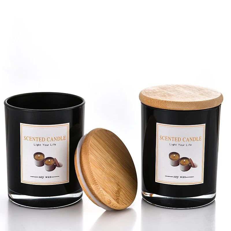 Hot Sell Glossy Black Candle Jars Luxury With Metal Lid Other Candle Holders, Lanterns And Candle Jars With Bamboo Lid