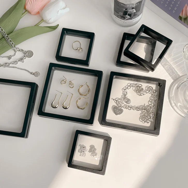 Colorful 3D custom Packaging Free Stand Plastic Floating Frame Memmbrane PE Film Display Gift Jewelry Box