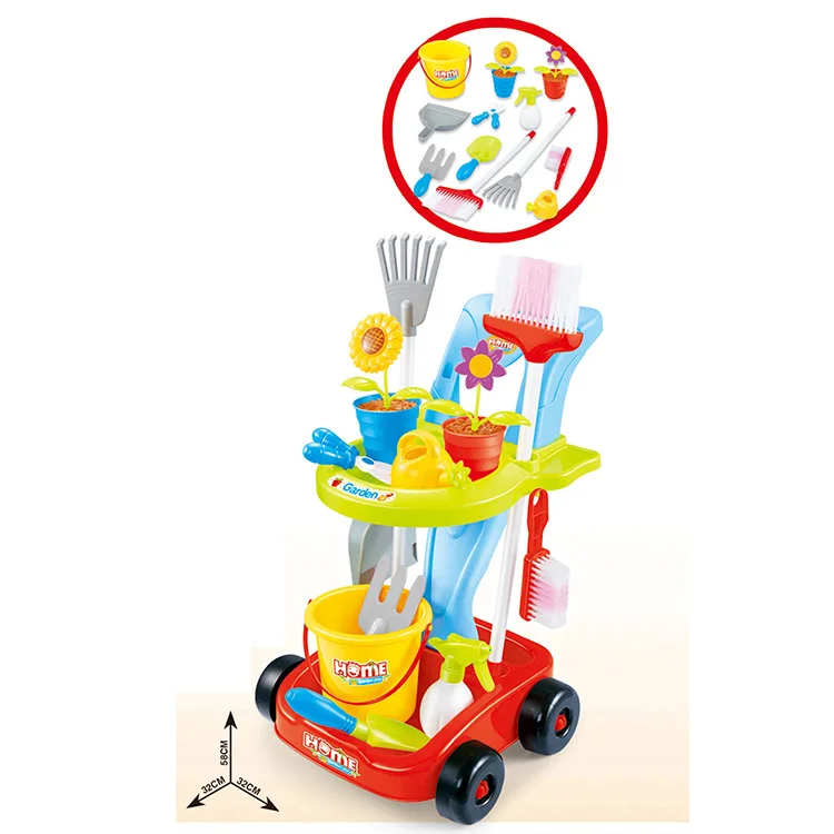 Role play Toddlers Home Garden Tools Toys Set with Cart Decker Housekeeping Cleaning for Kids