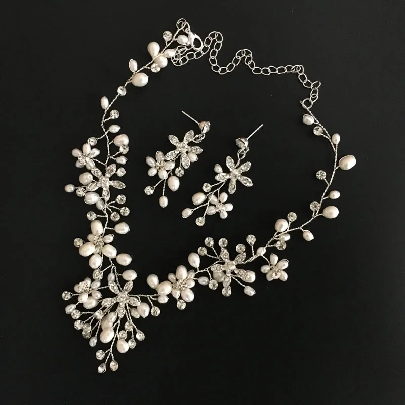 SLBRIDAL Rhinestone Austrian Crystal Freshwater Pearls Wedding Jewelry Set Bridal Necklace Earring Set Bridesmaids Women Jewelry