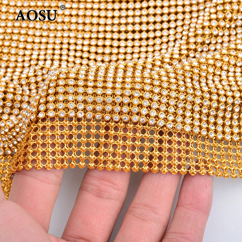 AOSU Wholesale 45*120cm Sewing Gold Trim AB Color Glass Crystal Fabric Rhinestone Mesh For Dress Decoration