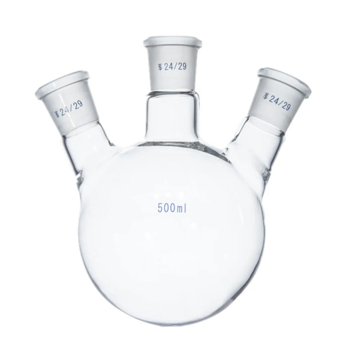 Лабораторная стеклянная колба из боросиликатного стекла с круглым дном и тремя горлышками
