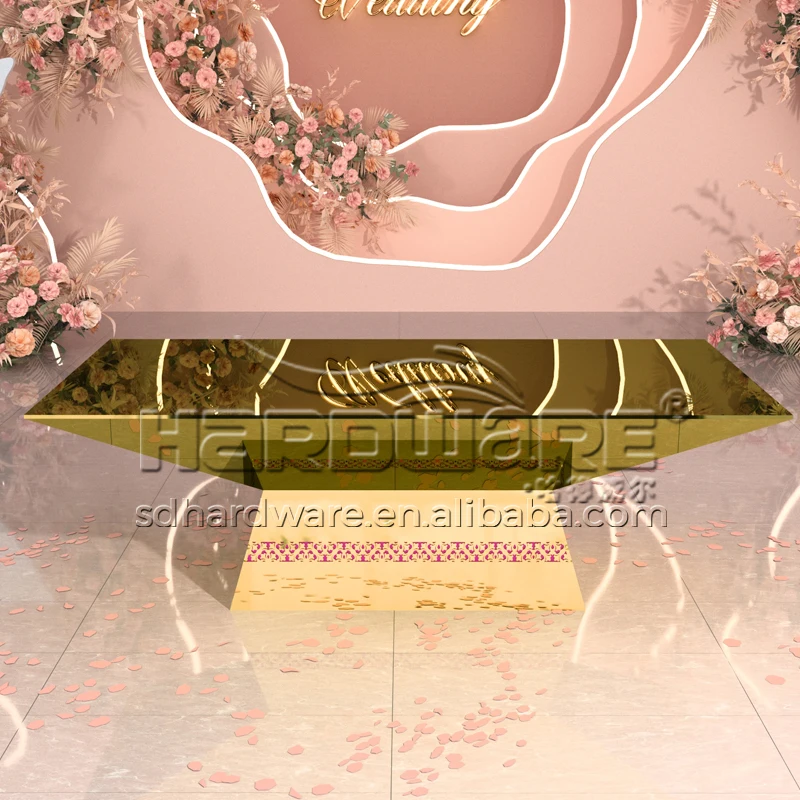 New Design Golden Glass Top Long Led Illuminated Wedding Dining Table Led