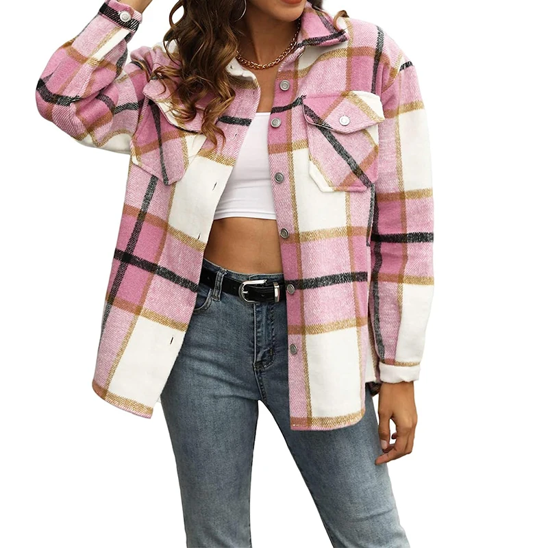 Women Casual Plaid Fleece Blend Button Down Long Sleeve Shirt Flannel Jacket Shacket
