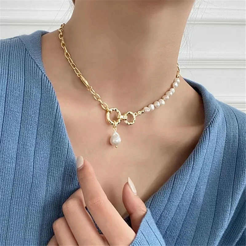 High quality gold plated fresh water pearl necklace jewelry OT buckle irregular natural real baroque pearl necklace for women