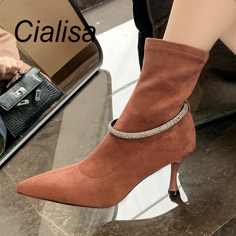 Cialisa Autumn Winter Stretch Ankle Boots Pointed Toe Thin High Heels Designer Shoes Lady Rhinestone Strap Woman Boot