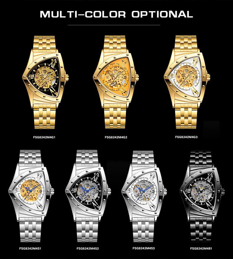FORSINING 8242 unique China gents mechanism watch exclusive Stainless steel Strap triangle auto skeleton mechanical  wristwatch