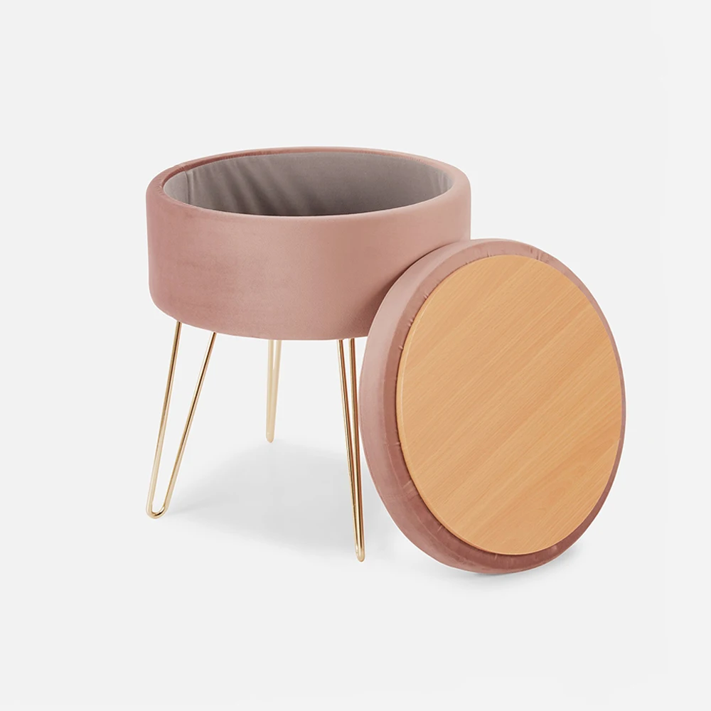 
Moodern shoe shop round detailing velvet steel leg storage ottoman cube stool round pouf 