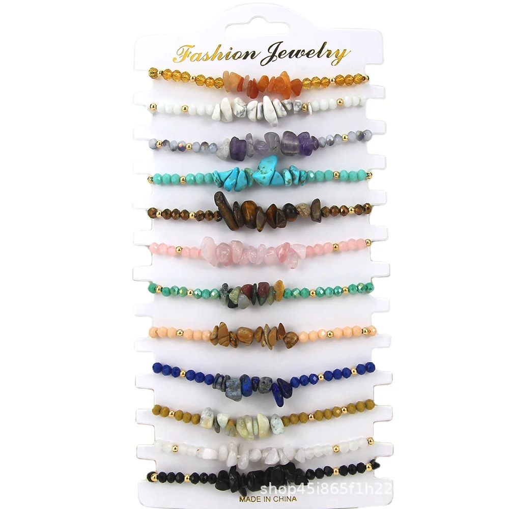 Colorful natural stone healing bracelet Irregular stone crystal woven string Bohemian beach surfing hand jewelry