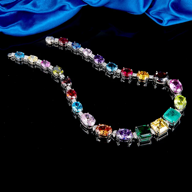 Colorful Cubic Zirconia Rainbow Tennis Necklace Sterling Silver Full CZ Diamond Choker Necklace