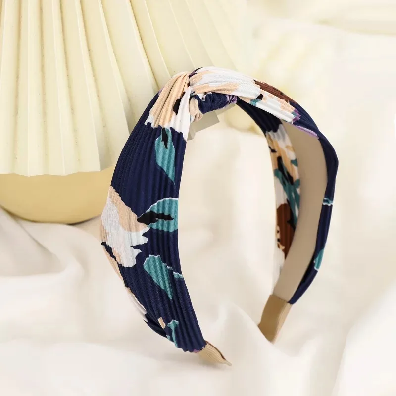 Korea Ethnic Style Hair Accessories Ladies Elegant Fashion Printed Pleated Cross Knot Handmade Headbands  For Girls & Women