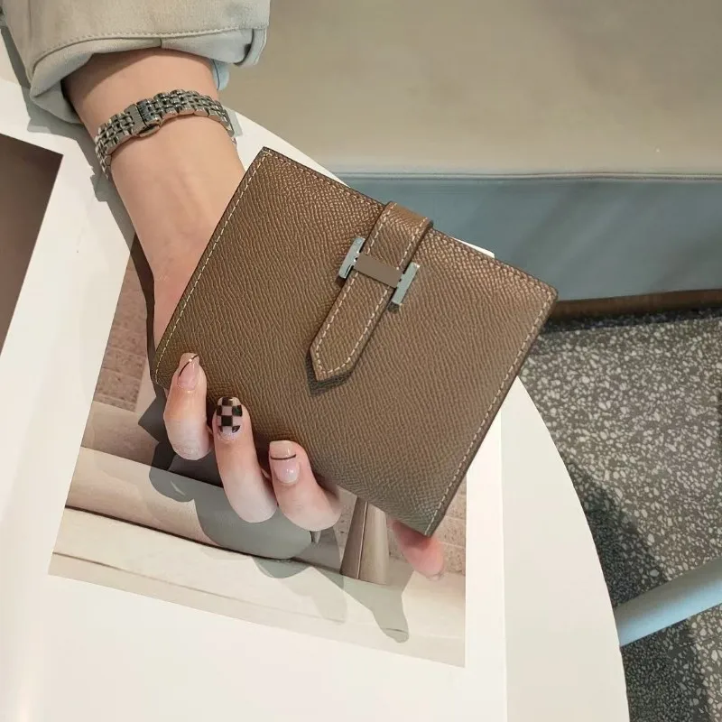 Genuine leather simple fashion female short purse brand card holder wallet for women