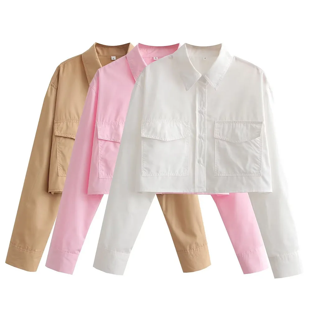 PB&ZA Women 2023 spring New Fashion Color pocket decoration short style Blouses Vintage Long Sleeve Female Shirts Chic Tops