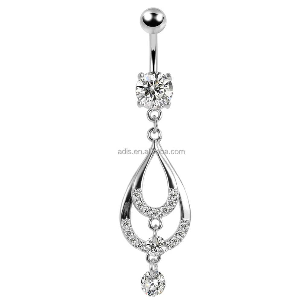 High Polished Stainless Steel Belly Ring Zircon Chain Banana Button Ring Dangle Navel Piercing Jewelry