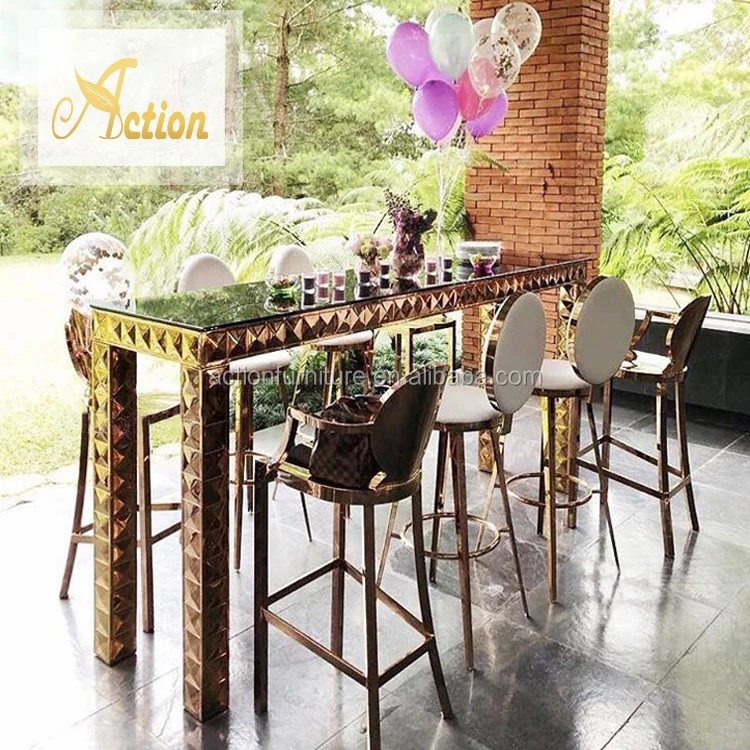 Antique Metal Restaurant Bar Reception Table Counter Table Stainless Steel With Mirror Glass Top Wedding Bar Table And Chairs