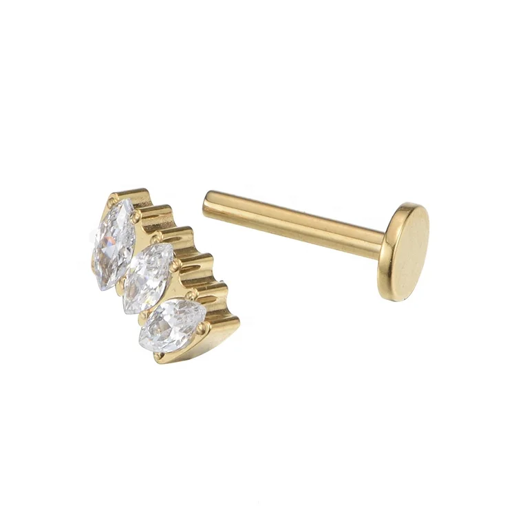 ASTM F136 Titanium Internally Threaded Gold Plated Marquise Top Threaded Labret Titanium Body Jewelry