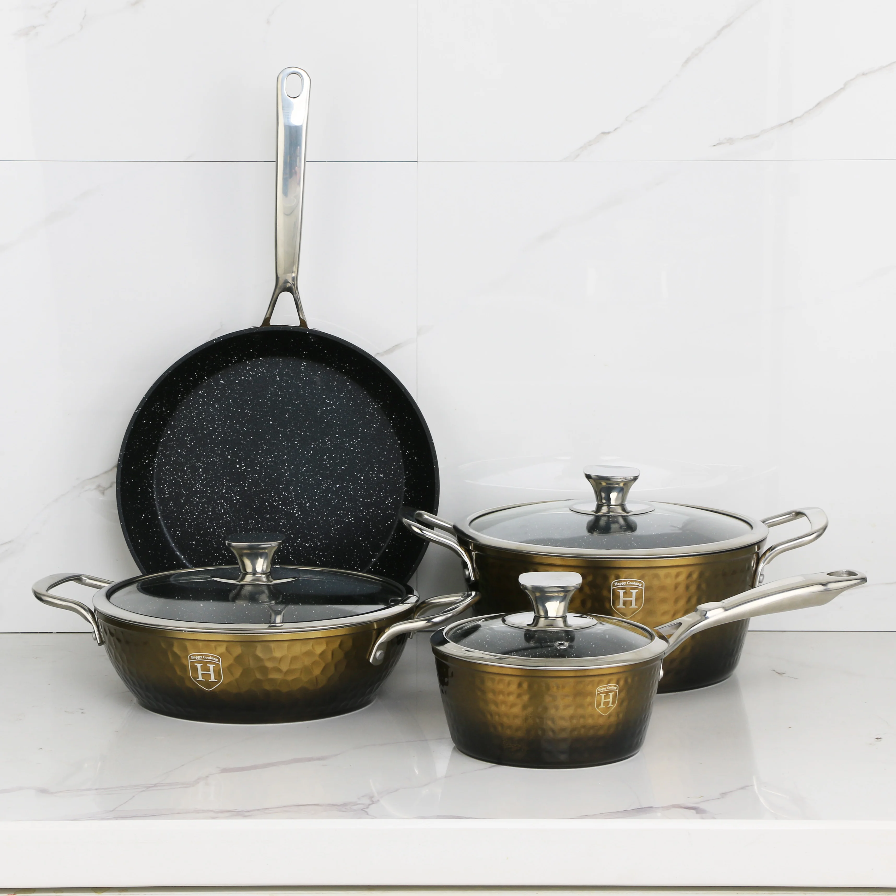New Style 6pcs Hammer Nonstick Aluminum Granite Cookware Sets Pot Set with Stainless Steel Handle