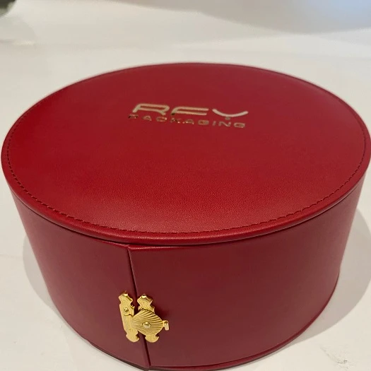 Elegant round red pu leather jewelry gift packaging boxes with ring earring