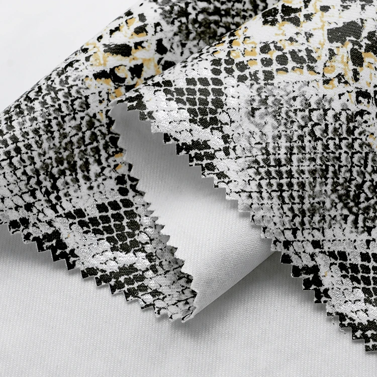 Embossed snake pattern PU leather 2 way stretch knitted backing spot stocks pu leather fabric for garments